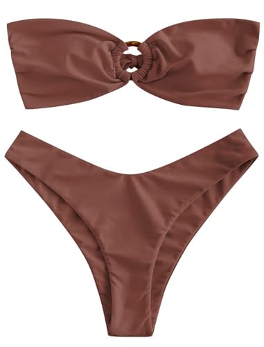Image of ZAFUL Women's Bandeau Bikini O Ring Strapless Tie Back High Cut Two Piece Swimsuit Bathing Suits