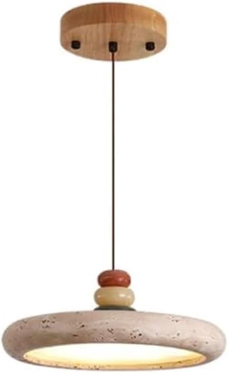 Modern Nordic Travertine Stone Disc Pendant Light, 3-Color Dimming Natural Wood & Colorful Beads Hanging Lamp, Height Adjustable Lighting Fixture, for Dining Room Kitchen Island Bedroom
