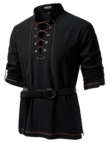 JEMITOP Mens Renaissance Cotton Lace Up Shirt Mandarin Collar Long Sleeve Retro Costume for Medieval Pirate Viking Halloween Knight Vampire Without Belt Black L