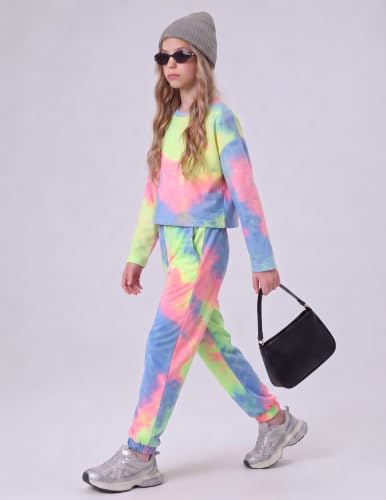Image of Arshiner Girls 2 Piece Outfits Kids Trendy Tie Dye Sweatsuits Sets | Size 5-14Y, Girls 2-Piece Tracksuit Set, Tie Dye Print, Long Sleeve Top & Jogger Pants, Soft Polyester, Elastic Waistband
