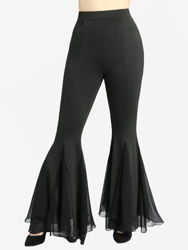 DRESSFO Women's Mesh Patchwork Flare Pants – Sheer Ruffle Hem Gothic Style Stretch Trousers with Pockets2