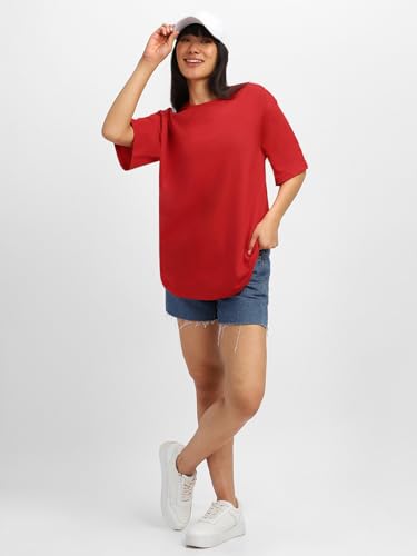 Image of JUNEBERRY Pure Cotton Oversized Baggy Fit Half Sleeve Drop Shoulder Plain Solid Round Neck T-Shirt for Women (Available in Black, White, Lilac, Cork, Maroon, Royal Blue, Swan White, Soap Nut Colors)