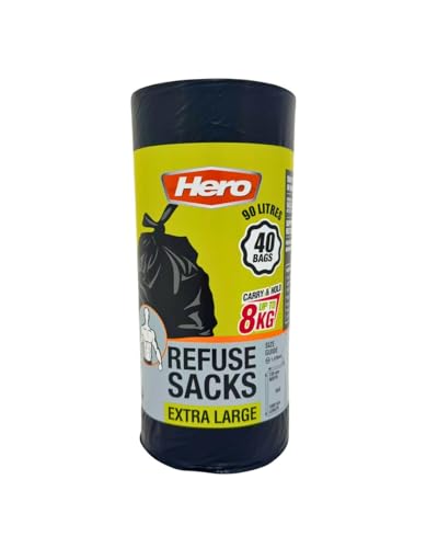 Hero 90L Strong Durable Bin Bag Liners – Extra Large Heavy-Duty Rubbish Sacks, Tear-Resistant Black Refuse Bags – Roll of 40