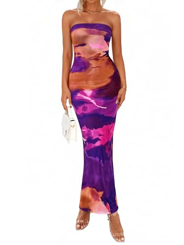 Image of PRETTYGARDEN Women Summer Strapless Maxi Dress Bodycon Floral Sexy Long Wedding Guest Dress Formal Tube Mesh Cocktail Dresses