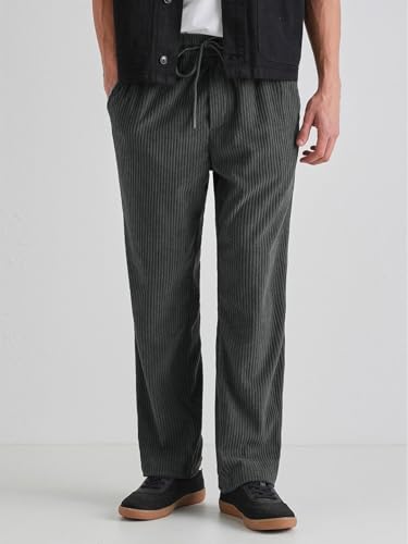 Image of Banana Club Deep Black Corduroy Pant - Regular Fit, Solid, Corduroy Casual Trousers with Textured Fabric, Comfortable Fit