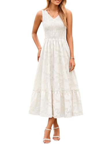 Image of Simplee Womens Semi Formal Dresses for Wedding Guest Floral Lace Midi Dress | Floral lace, Modest, Midi length, Sleeveless, V neck, Smocked empired waist, Semi formal wedding guest dress, Baptism dress