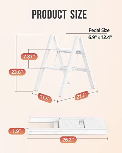 Woa Woa 2 Step Ladder, Folding Ladders With Anti-Slip Pedal, Portable Lightweight Stepladder, Aluminum Step Stool For Indoor & Outdoor 300Lbs - White #TOP5