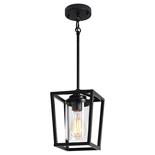 Toulmj Farmhouse Pendant Light Kitchen Island, Black Island Lights For Kitchen, Lantern Pendant Light For Hallway Foyer Dinning Room With Clear Glass Shade, Adjustable Height #TOP7