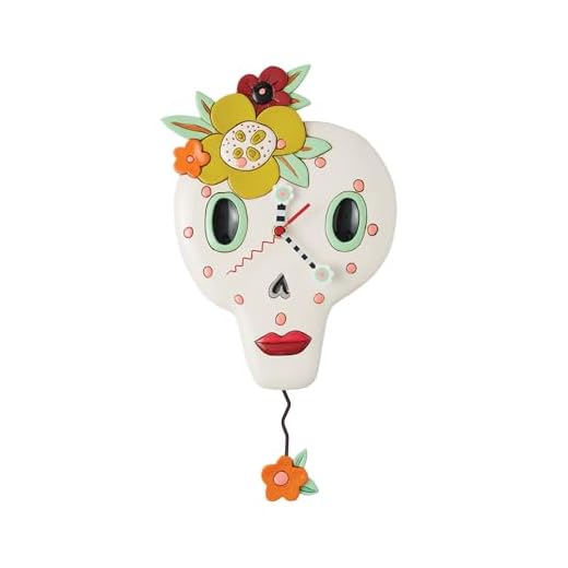 Enesco Allen Designs Bonita Bones Sugar Skull Sculpted Pendulum Wall Clock, 11.22 Inch, Multicolor