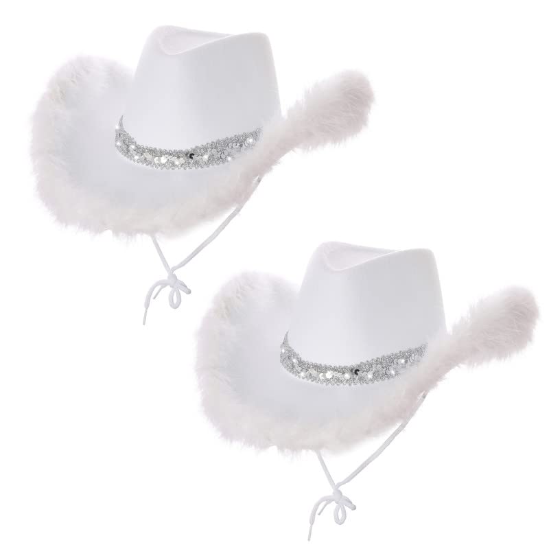 My Illusions 2 Pack Cowgirl Hats Western-Themed Hen Night Fancy Dress Ladies Festival Cowboy Costume Accessories (White with Marabou Feathers + Sequins)