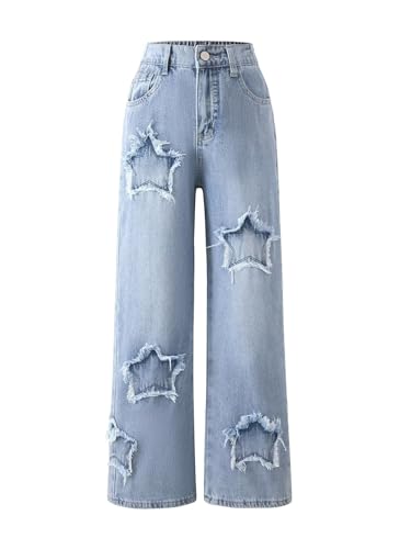 Yvmoruby Girls Jeans Size 10-12 Years Baggy Wide Leg Light Wash Denim Pants Y2K Cute Preppy Streetwear for Tween Light Blue Star 7-14 Years