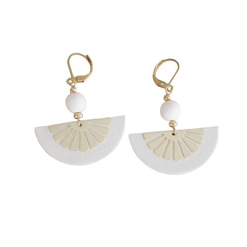Boucles d'oreilles demi-lune cuir ivoire doré bijou pendant géométrique pour femme