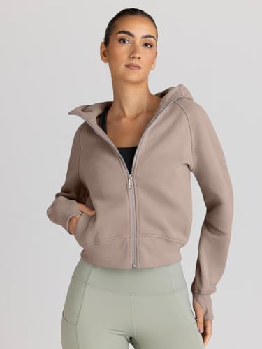 Trendy Queen Womens Zip Up Hoodies Jackets Cropped Sweatshirts Fleece Fall Outfits Casual Comfy Y2k Tops Winter Clothes 2024 CoffeeGrey M
