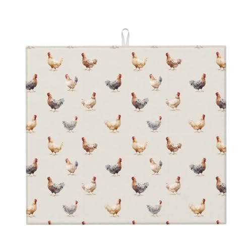 Dish Drying Mat Chicken Pattern for Kitchen Counter Absorbent 16x18 Inch Microfiber Dishes Plate Glass Dry Draining Pad Reversible Washable