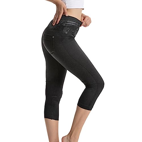 Capri Leggings for Women Jean Look Jeggings Super Comfy Stretch High Waisted Denim Skinny Pull-On Capri Pants Tights2