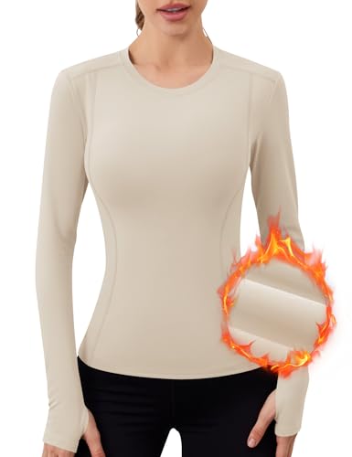 IECCP Theraml - Maglia sportiva da donna, a maniche lunghe, in pile, con foro per il pollice, leggera, per sport, palestra, yoga, allenamento, escursionismo, sci, Osso, XS