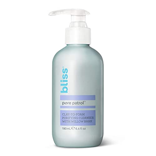 Bliss Pore Patrol Cleanser, Clay-to-Foam Purifying and Detoxifying Cleanser with Willow Bark, Minimizes the Appearance of Pores | Hypoallergenic | Clean | Cruelty-Free | Paraben Free | Vegan | 6.4 oz