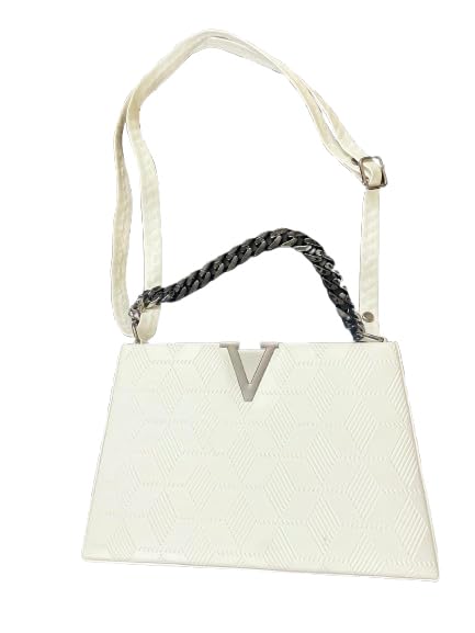 White Geometric Embossed Handbag with Chunky Chain Handle-picture-10