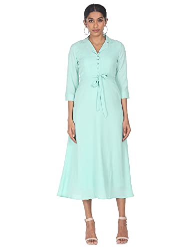 Image of SHFFL Polyester Women Turquoise Notch Lapel Collar Solid Shirt Dress Below The Knee Dresses
