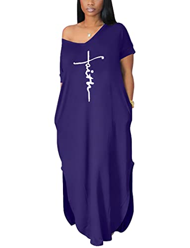 Image of Women Summer V Neck Loose Side Split Maxi Dresses with Pocket