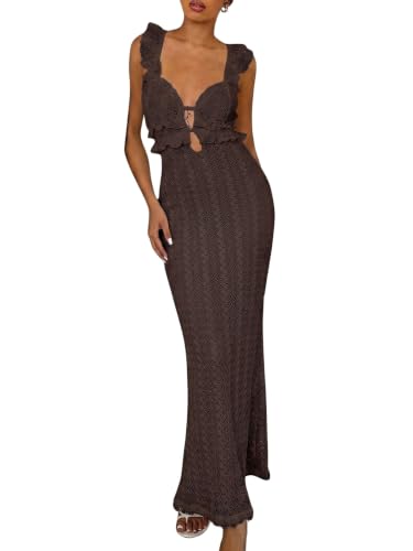 Image of SOLY HUX Women's Maxi Dress Crochet Ruffle Sleeveless Backless Bodycon Long Dresses