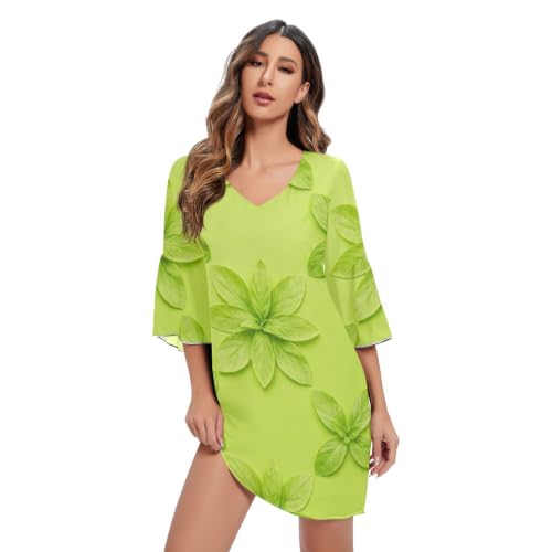 Robe en mousseline col V contre la chaleur avec motif vert basilic