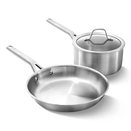 Calphalon Brushed 3-Ply Stainless Steel Cookware Set w/Turbo Heat Tech 3 Piece Includes Fry and Sauce Pan Set, Induction, Oven Safe 450F, Brushed Stainless Silver