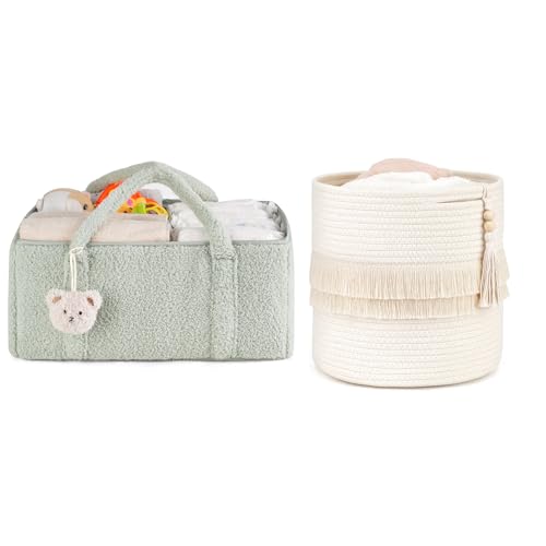 Image of Dahey Nursery Decor - Baby Diaper Caddy Organizer with Bear, Macrame Decorative Cotton Rope Storage Basket, Baby Basket for Living Room,Bedroom, 2 PCS