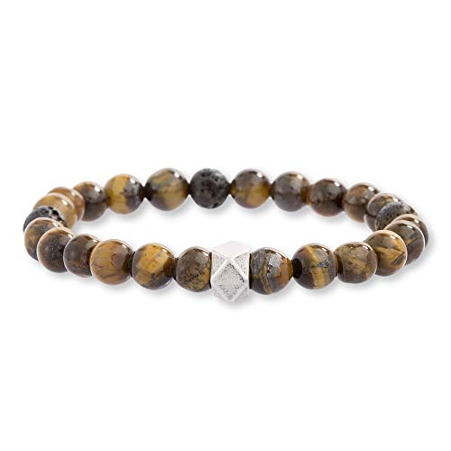 Steve Madden Oxidized Stainless Steel Brown Beaded Stretch Bracelet For Men (Brown)
