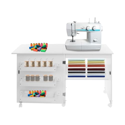 XUEMANSHOP Mesa de coser plegable multiusos con 5 ruedas, mesa de coser para máquina de coser, grosor del tablero 15 mm, tablero de partículas clase E1, color blanco