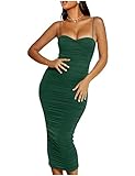 L'VOW Women's Sexy Ruched Bodycon Push Up Spaghetti Strap Maxi Length Pencil Wiggle Dress(Dark Green,Large)