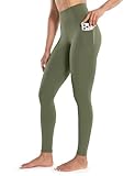 ENERBLOOM Women's Workout Leggings with Pockets High Waist Yoga Pants 28' Cream Soft Athletic Tights Full Length Olive Green Small