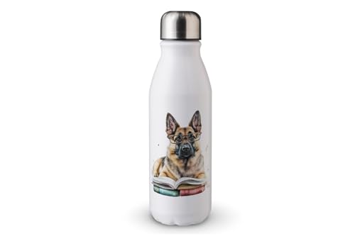 MAXIKIWI - Single Wall Water Drinking Bottle with Screw Cap, Non Insulated Lightweight Aluminium, BPA Free, Leak-Proof - German Shepherd Dog Watercolor - 500ml
