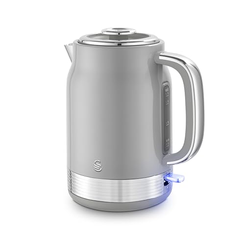 Swan SK19025GRY Retro Jug Kettle Rapid Boil Removable Limescale Filter Easy Pour 360 Degree Base Water Indicator Window and Boil Dry Protection 1.7L 3KW Grey and Stainless Steel