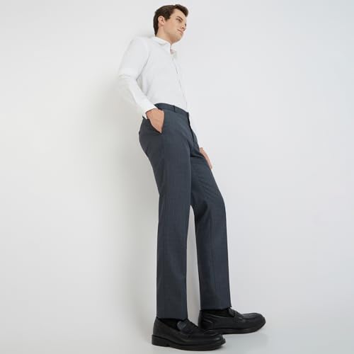 Image of Raymond Men's Slim Fit Mid Rise Structure Pattern Poly Viscose Blend Flat Front Formal Trouser