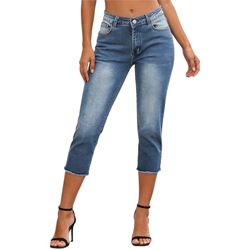 Generisch 7/8 Jeans Damen High Waist Baggy Jeanshose Weites Bein Damenjeans Sommer Dreiviertel Denim Hose Wide Leg Sommerhose Leichte Stretch Freizeithose Culotte Bequeme Sommerjeans