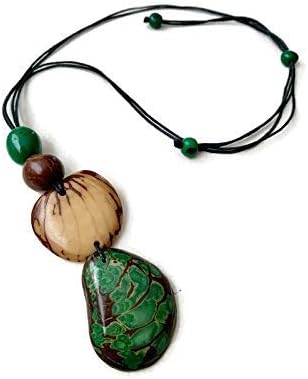 Tagua necklace in green, beige and brown, adjustable, Organic Jewelry TAG597