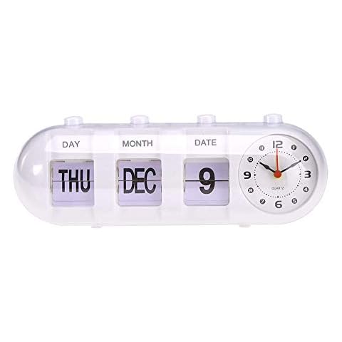 Simple Manual Flip Alarm Clock, Digital Quartz Day Date Calendar Time Display Home Office Desk & Shelf Clock, White Cover