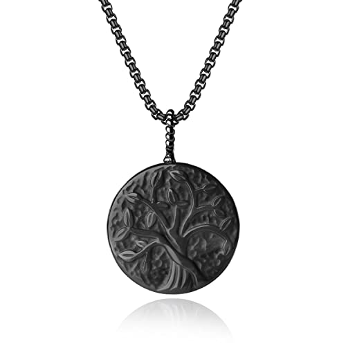 COAI Tree of Life Necklace Black Obsidian Necklace, Stainless Steel Necklace/Nylon Cord