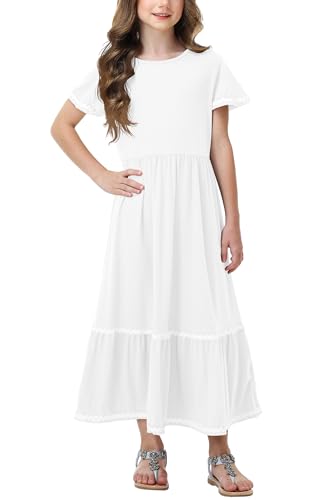 Remimi Girls Summer Short Sleeve Dress Casual Flowy Maxi Dresses 5-14 Years