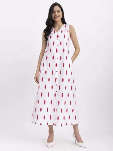 Image of FableStreet Women Casual Midi Cotton Button Down A-Line Dress | Button Down Flowly Dress Perfect for Outings
