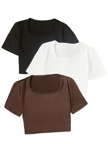 Oyoangle Girl'S 3 Pack Scoop Neck Short Sleeve Crop Tops Set Basic Solid Tee Shirt Top Multicolor 15Y cover