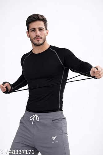 Image of Men's Long Sleeve Compression T-Shirt, Black, Polyester, Moisture Wicking, Crew Neck, Athletic Fit
