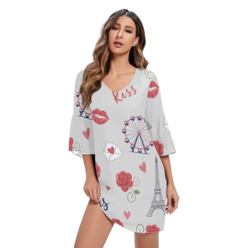 Robe trapèze d'été manches 3/4 col en V gris Paris Roses