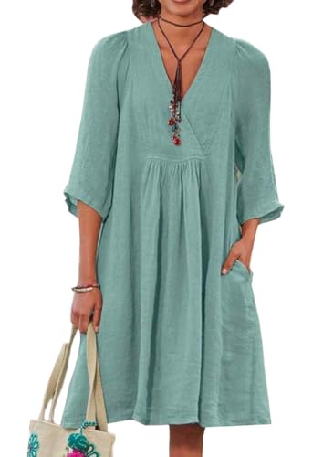 Image of LOVESHOOT Size 3XL Summer Dresses for Women 2025 Casual 3 /4 Sleeve Baggy Loose Smock Tunic Knee Length Midi Dress Boho Shift Solid Color Beach Vacation Dress with Pockets Cyan Solid