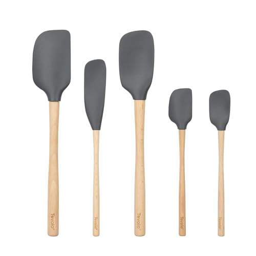 Tovolo Silicone Spatula with Wooden Handle Set of 5 Piece Silicone Kitchen Utensil Set Spoonula Jar Scraper Mini Spatula and Spoonula for Cooking Baking Mixing Folding Charcoal Gray