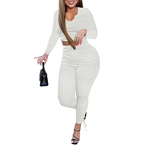 Workout Sets for Women 2 Piece, Casual Stretchy Ribbed Tracksuit, Two Piece U Neck Long Sleeve Fall Outfits (White,XL)
