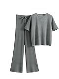 Conjunto de 2 piezas de punto de seda de hielo para mujer, manga corta, hueco, ropa de punto, trajes de cintura alta, pantalones acampanados rectos, Gris9, S