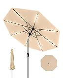 GarveeLife 9 Ft Patio Umbrella with Solar Lights, 8 Ribs Outdoor Market Table Umbrella with 32 LED Lights & Tilt Crank for Pool, Deck, Backyard, Tan