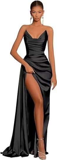 Strapless Satin Prom Dresses Long Mermaid Bridesmaid Cowl Neck Corset Formal Evening Party Gown with High Slit
